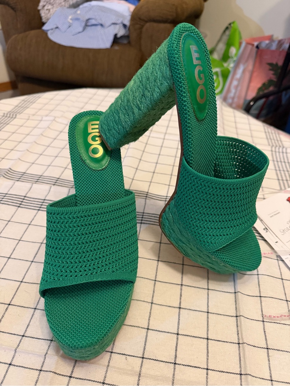 EGO Emerald Green Knit Wedge Mule Sandals